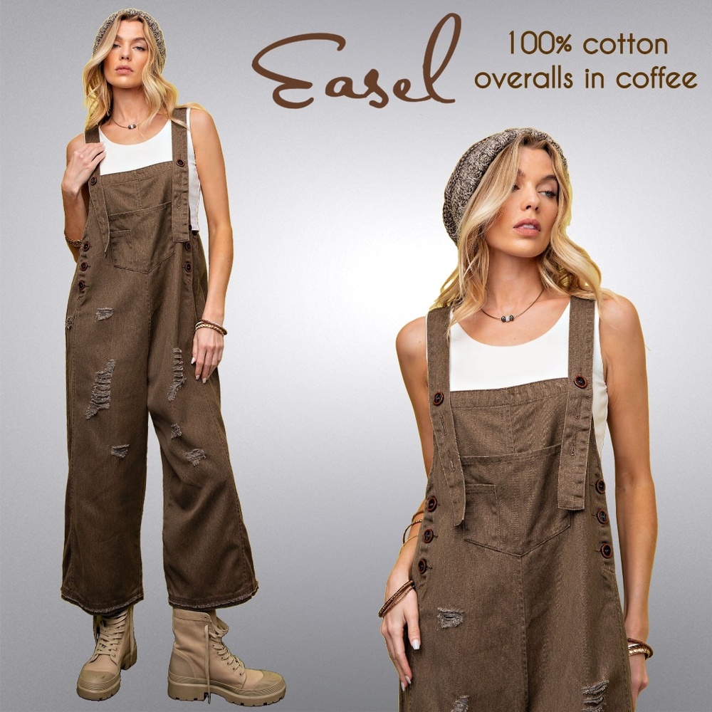 EASEL 100% Cotton Oversized Overalls Wide Leg Adjustable Straps Pockets Distress